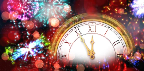 Gold clock against colourful fireworks