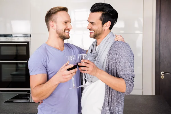 Gay couple toasting with red wine