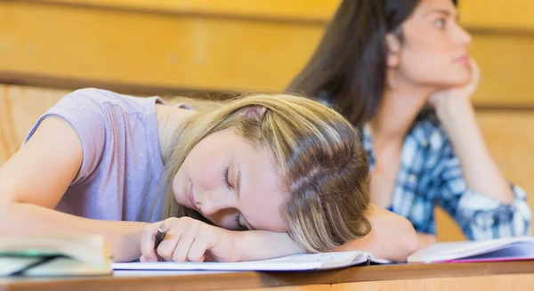 Bored student listening while classmate sleeping