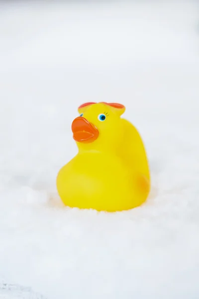 Yellow duck on white towel