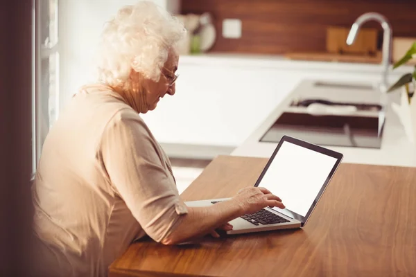 Elderly woman typing on laptop