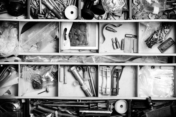 The contents of the old toolbox. Top view. Toned