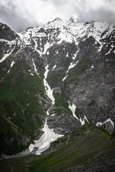 Mountain pass with the glacier and green grass. Fann Mountains.