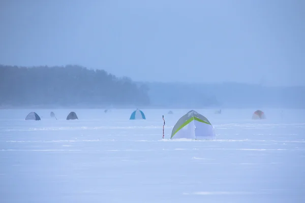 Tents on the snow-covered field near the forest