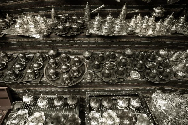 Metal tea and coffee sets on the shelf in the store. Turkey. Ton
