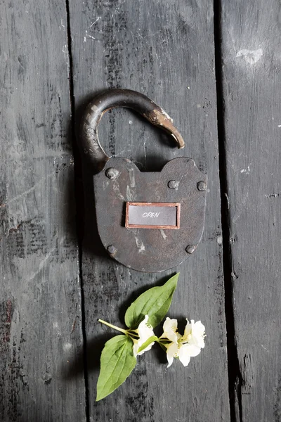 Open sign and old padlock