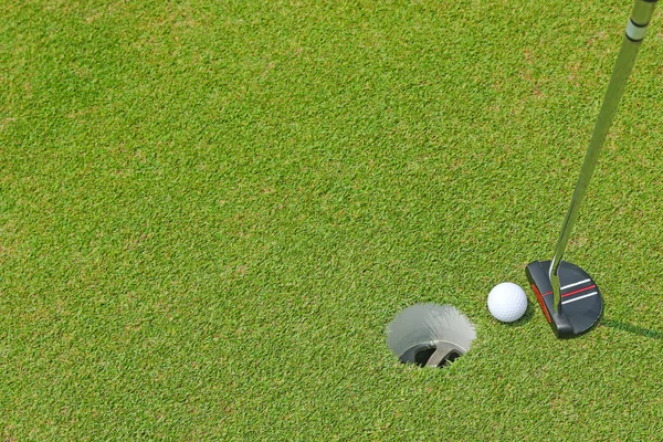 A flat head putter club for a golf ball to roll inside a cup hole
