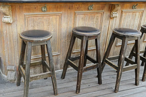 Vintage and rustic wooden bar stools on wooden floor in front of wooden bar