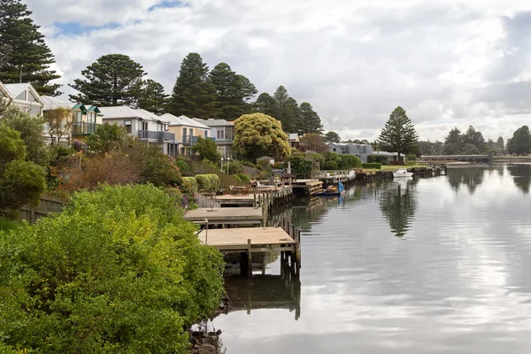 Waterfront houses with personal docks along the Moyne River in Port Fairy, Australia