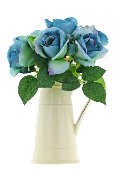 A yellow vintage enamel ceramic jug vase with blue green rose