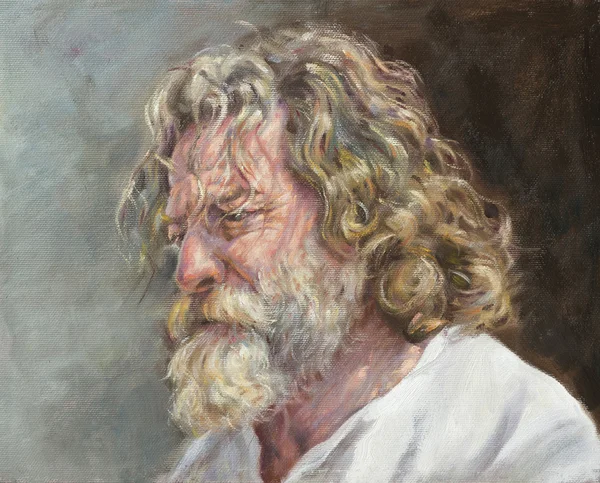 Oil painting of an old man thoughtfully
