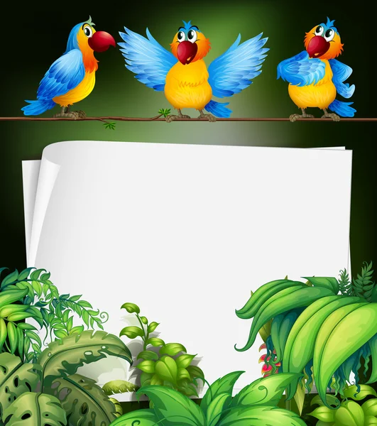 Paper design with three parrots on branch