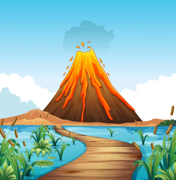 Nature scene with volcano eruption by the lake