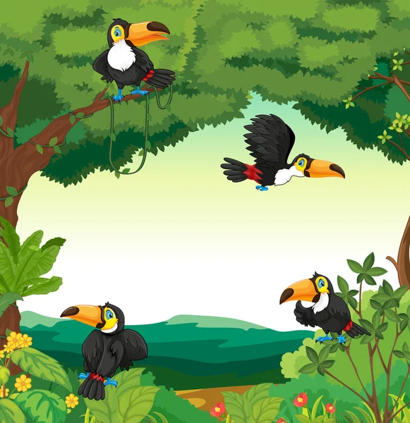 Scene with many toucans flying in forest