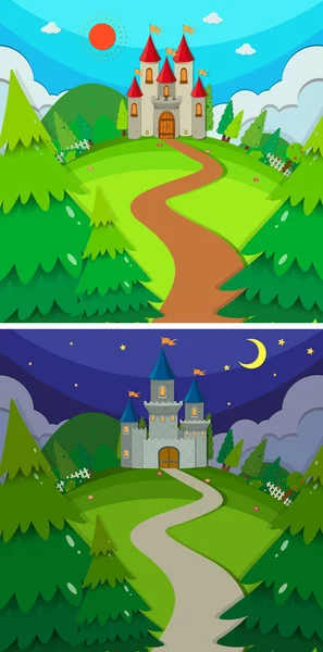 Scenes with castles in the forest day and night