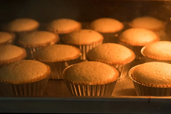 Baked cup cakes on a tray in the oven