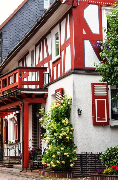 A red and white half-timbered house in Battenberg (ancestral seat of the Mountbatten Family), Germany