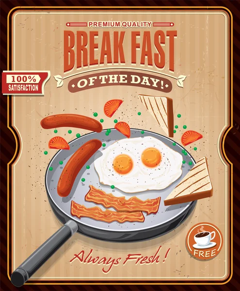 Vintage breakfast poster design with bacon, eggs sausage on pan