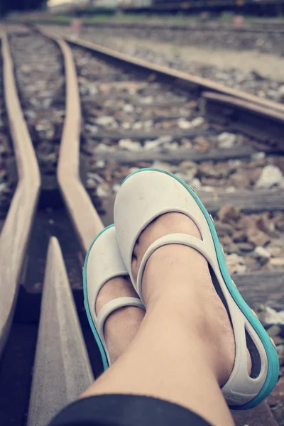 Selfie of railroad with shoes
