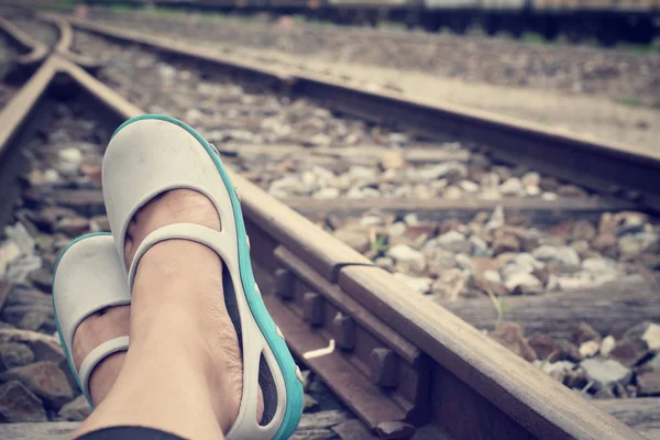 Selfie of railroad with shoes
