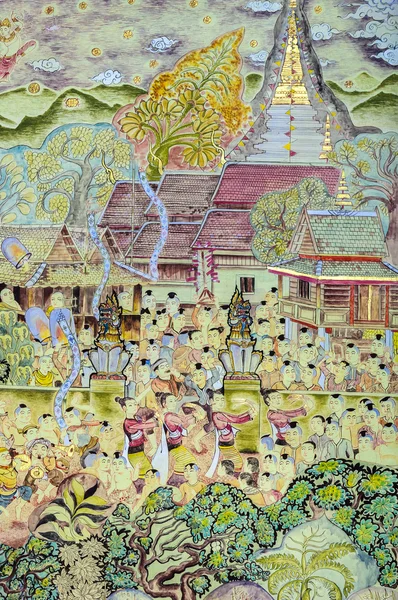 Thai mural painting art of Lanna Buddhist festival