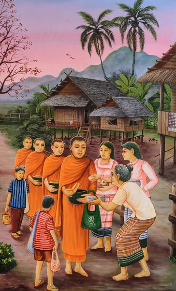 Thai mural painting of the offering food to Buddhist monks at Wa