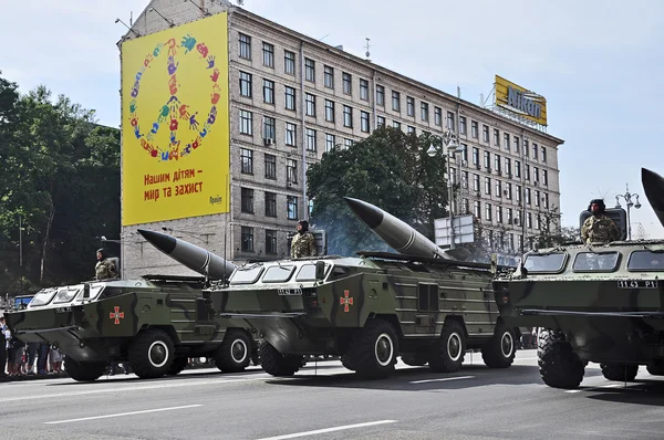 Kyiv, Ukraine - August 24, 2014: Military cars going during the parade of the Independence Day of Ukraine on the main square of Kiev - Independence Square