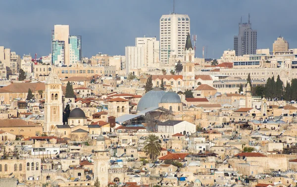 JERUSALEM, ISRAEL - MARCH 3, 2015: Outlook over the old town from Mount of Olives with the Church of Holy Sepulchre, Church of the Redeemer and The Latin Patriarchat.