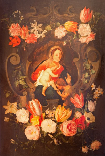 ANTWERP, BELGIUM - SEPTEMBER 5, 2013: Madonna with the child and st. John the Baptist among the flowers. Paint in side corridor of St. Pauls church (Paulskerk) by unknown baroque painter.
