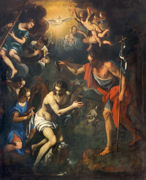 PADUA, ITALY - SEPTEMBER 8, 2014: The pain of The Baptism of Christ scene in church San Benedetto vecchio (Saint Benedict) from 16th century by unknown painter.