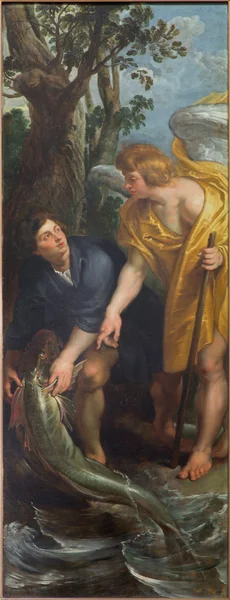 MECHELEN, BELGIUM - JUNE 14, 2014: Tobias with the archangel Raphael and fish scene as right part of The Miracle fishing triptych (1618) by Peter Paul Rubens in church Our Lady across de Dyle.