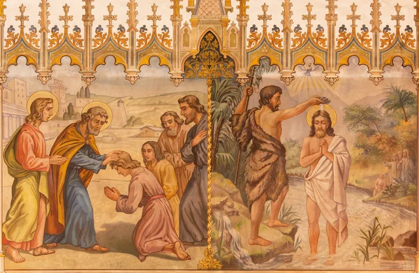 TRNAVA, SLOVAKIA - OCTOBER 14, 2014: The neo-gothic fresco of fhe scene Baptism of Christ and the Apostles at confirmation by Leopold Bruckner (1905 - 1906) in Saint Nicholas church.