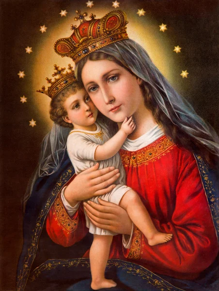 SEBECHLEBY, SLOVAKIA - JANUARY 2, 2015: Typical catholic image of Madonna with the child printed in Germany from the end of 19. cent. originally by unknown painter.