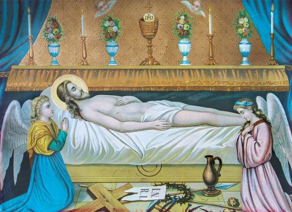 SEBECHLEBY, SLOVAKIA - JANUARY 2, 2015: Typical catholic image of Jesus Christ in the tomb (in my own home)  printed in Germany from the end of 19. cent. originally by unknown painter.