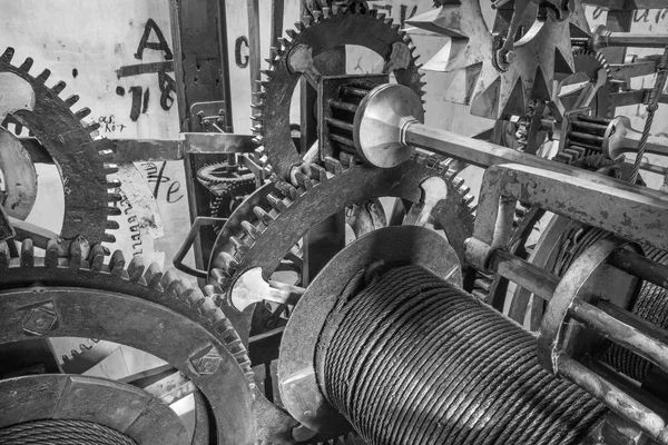 BRATISLAVA, SLOVAKIA - OCTOBER 11, 2014: The detail of old clock-work from tower-clock on the St. Martins cathedral at work. Anyone parts of the machine are from year 1766 by master Jacob Halth.