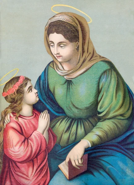 SEBECHLEBY, SLOVAKIA - JANUARY 3, 2015: Typical catholic image of st. Ann with the little Mary from Slovakia (in my own home) from end of 19. cent. originally by unknown artist.