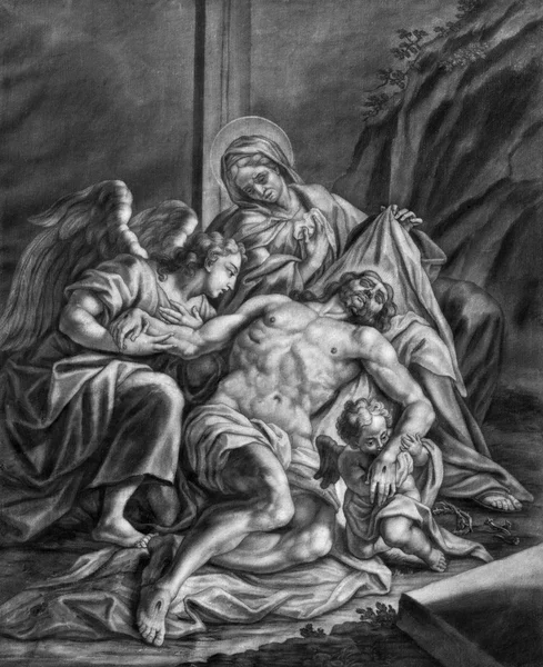 VIENNA, AUSTRIA - DECEMBER 17, 2014: The Deposition form the cross (Pieta) old lithography from 18. cent. by Johannes Lorenz Haid in Salesianerkirche church as the part of Cross way cycle.