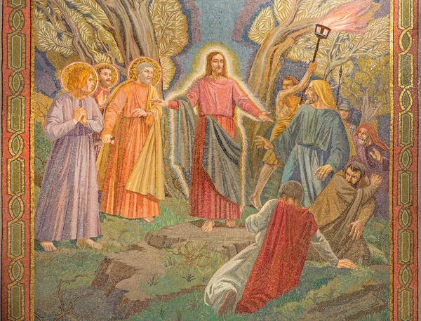 JERUSALEM, ISRAEL - MARCH 3, 2015: The mosaic of the arresting of Jesus in Gethsemane garden in The Church of All Nations (Basilica of the Agony) by Pietro D'Achiardi (1922 - 1924).