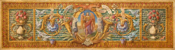CORDOBA, SPAIN - MAY 27, 2015: The detil from baroque paint on the altar in Basilica del Juramento de San Rafael with the floral motive and archangel Raphael in the centre by unknown artist.