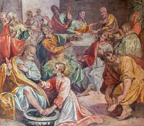 ROME, ITALY - MARCH 25, 2015: The feet washing scene of Last supper. Fresco in church Santo Spirito in Sassia by unknown artist of 16. cent.