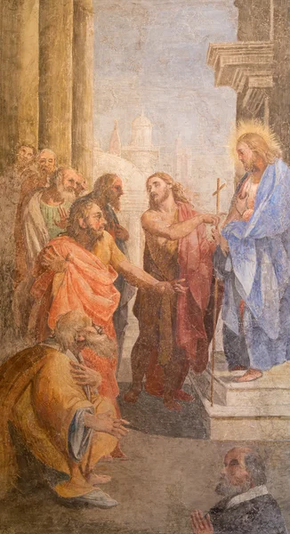 ROME, ITALY - MARCH 27, 2015:The fresco as The John the baptist shows the Christ  by  Leonardo Milanese from 16. cent. in St. John the Baptist chapel of church San Pietro in Montorio.