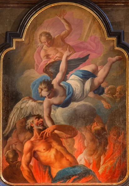 VIENNA, AUSTRIA - FEBRUARY 17, 2014: The paint of liberation of the soul form purgatory in baroque st. Annes church. Scene form life of the saint at Eucharist giving.
