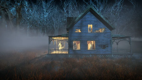 Spooky halloween house with ghosts standing in the windows. Mist