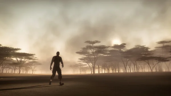 Male adventurer walking in misty savannah landscape at sunrise.