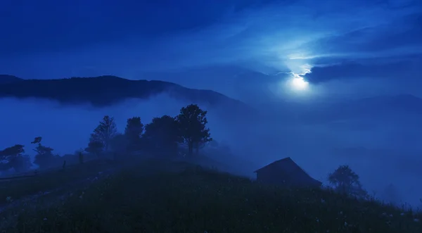 Foggy mountain landscape under night sky. Carpathian mountains, Ukraine. Beauty world.