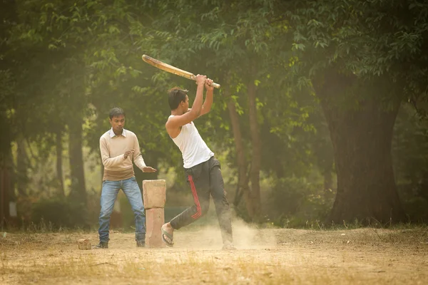 AGRA, INDIA - JAN 09: Young boys playing cricket in a parc of Ag