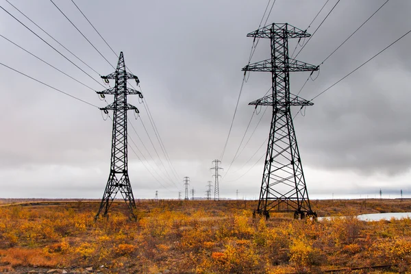 Supports high-voltage line. The tundra in the Arctic Circle