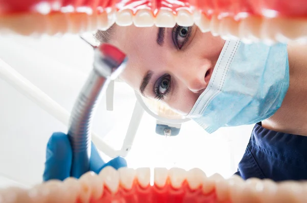 Close-up of female dentist looking inside patient mouth