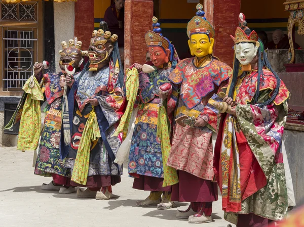 Tibetan lama dressed in mask dancing Tsam mystery dance on Buddhist festival at Hemis Gompa. Ladakh, North India