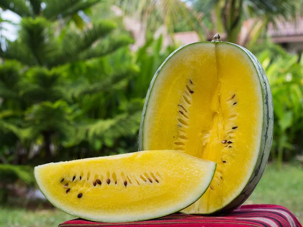 Yellow watermelon close up, outdoors